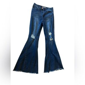 YMI wide flare leg distressed  medium dark jeans